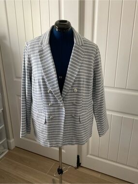 J Jill Women's Double-Breasted Striped Blazer Jacket - Light Blue & White